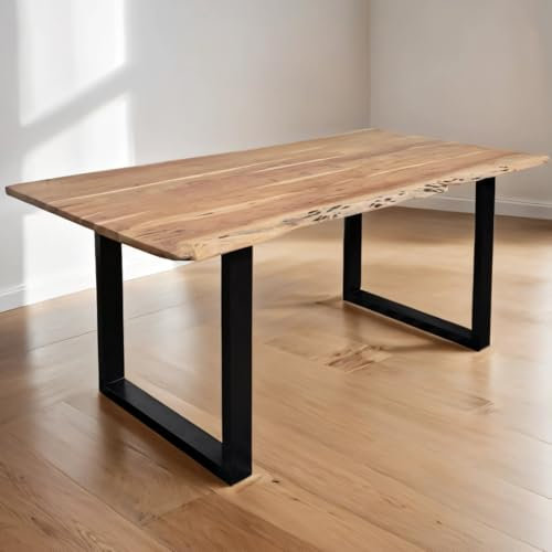 trelevo Esszimmertisch 220x100 cm, Akazienholz massiv 26mm, Tischplatte naturfarben, echte Baumkante, U-Gestell schwarz, Baumkantentisch