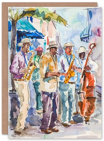 Artery8 Greeting Card New Orleans Jazz Music Festival Street Musicians Blank For Him Or Her Art Birthday Card