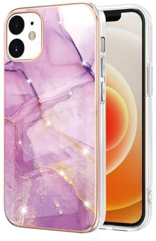 XYZNTMF for iPhone 12 Case iPhone 12 Pro Phone Case Glitter Sparkle Marble Silicone Bumper Shockproof Case for Women Girls Silm Fit TPU Rubber Protective Skin Cover, Pink Purple