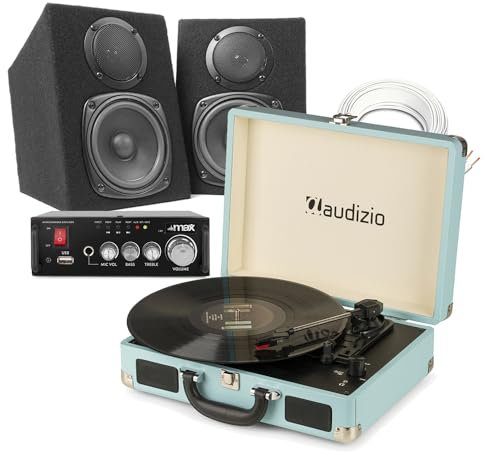 Fenton RP114BL Retro Record Player with Amp & Speakers - Briefcase Vinyl Player, 3-Speed Turntable, Bluetooth, MP3, RCA Output, Passive 200W Speakers - Blue - record player with speaker