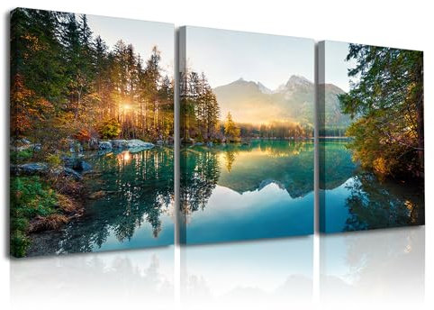 PIY PANTING Peintures Murales Nature, Peinture Sur Toile Du Lac, Impression d'Art Sur Le Lever Du Soleil, Tableaux Muraux Pour Le Salon Bureau Salle De Classe Salle De Réunion, 3x 30x40 cm(90x40 cm)