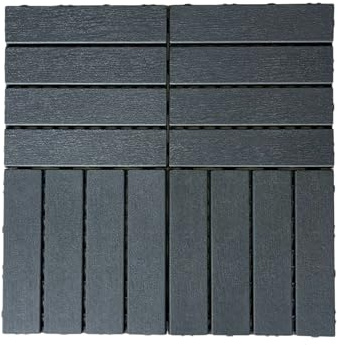 44 Pack Interlocking Deck Tiles, 12x12x0.8 Plastic Patio Flooring Outdoor Waterproof, All Weather Use for Balcony Porch Backyard Poolside（Dark Grey,Stripe）