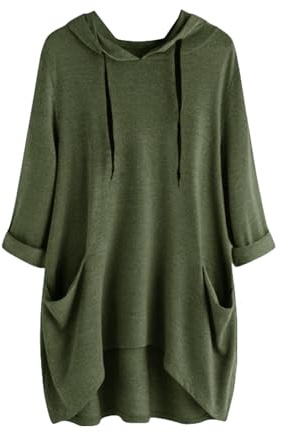 Womens Casual Tunic Tops 3/4 Sleeve Ladies Longline Tunic Blouse Hooded Pullover Shirts Round Neck Plus Size Tunics Dress Floaty T Shirt for Women Solid Color Hoodies