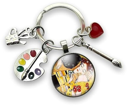 Cadeau porte-clés peintre avec breloques palette, pinceau, pastel et coeur, création