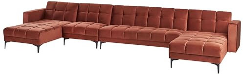 Beliani Wohnlandschaft Samtstoff rot gesteppt 6-Sitzer U-Form mit Schlaffunktion Alnes