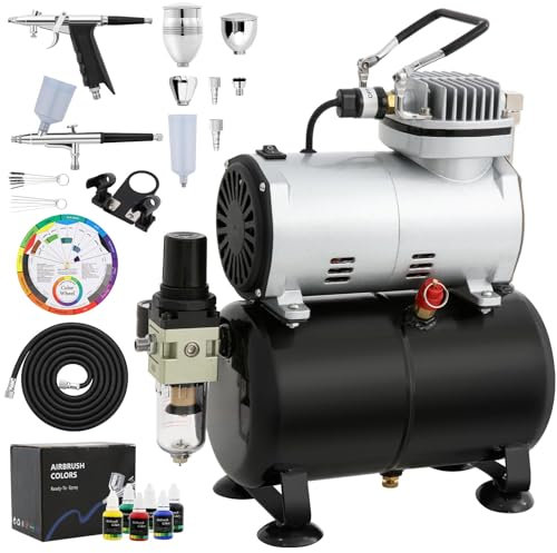 Kit aérographe avec compresseur, double ventilateur, réservoir d’air, 2 pistolets, 6 couleurs acryliques mates et accessoires complets, pour modelisme, nail art, tatouage, meubles