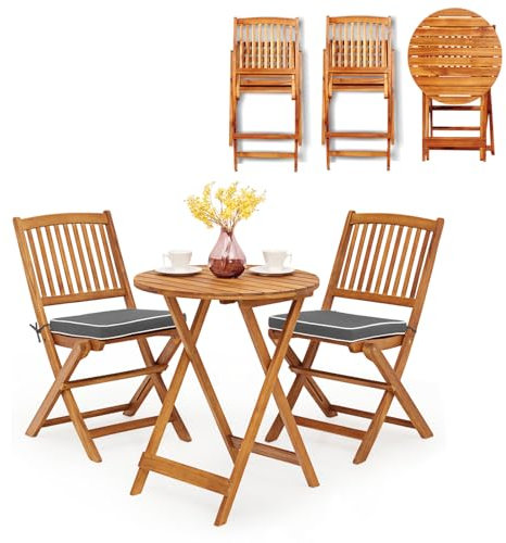 KOMFOTTEU 3 TLG. Balkonset klappbar, Balkonmöbel Set aus Akazie Holz, Gartenmöbel-Set mit 1 Klapptisch & 2 Klappstühlen, Bistroset mit Kissen, Sitzgarnitur für Balkon Garten (Grau Kissen)
