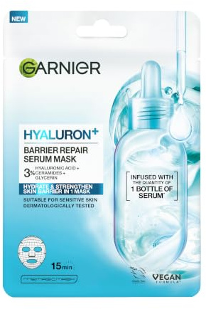 Garnier Hyaluron+ Barrier Repair Serum Mask, Hydrates and Repairs | Tissue Mask With Hyaluronic Acid and Ceramides, Intense Hydration, Skin Barrier Strengthening