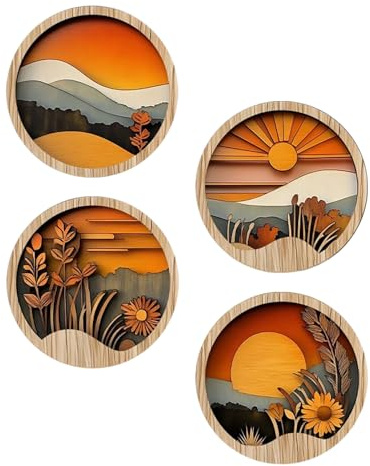 Art Mural Boho – Decoraciones de pared bohemias para estancia, 4 marcos redondos de madera, estilo rústico, con motivos geométricos para a casa, pasillo, chimenea, alféizar de ventana, porche