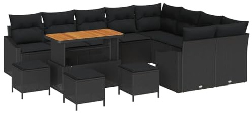 vidaXL 13-teiliges Garten-Sofa-Set mit Kissen in Schwarz – Poly-Rattan und Akazie, wetterfestes modulares Outdoor-Sitzmöbel, 5-Sitzer für Patio und Balkon – Moderne Terrassenmöbel, Loungesofas