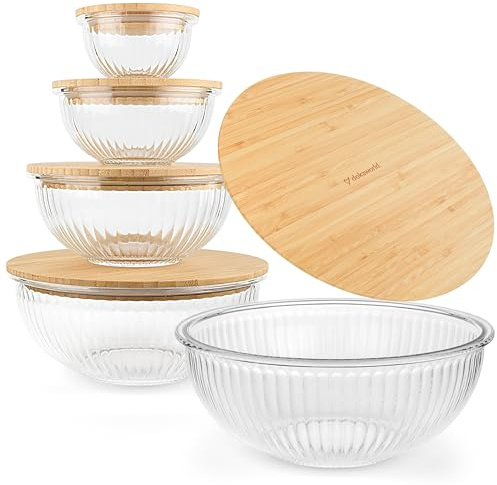 dokaworld Glass Mixing Bowls set with Bamboo Lids. Ribbed. New Limited Edition