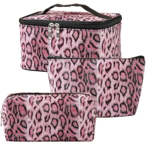 Kaxich Trousse Maquillage Femme, Ensemble de Trousse de Toilette de Voyage 3 Pièces pour Femmes, Trousse à Cosmétiques avec Imprimé Léopard pour Femme et Fille (Rose)