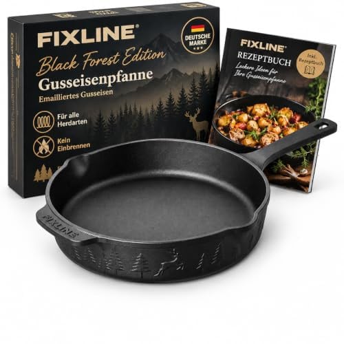 FIXLINE® Gusseisenpfanne in BLACK FOREST Edition 28cm - ORIGINAL - Induktion - Alle Herdarten inkl. Induktion - Emailliert - Kein Einbrennen nötig - Inklusive Rezeptbuch - Perfekte Geschenkidee