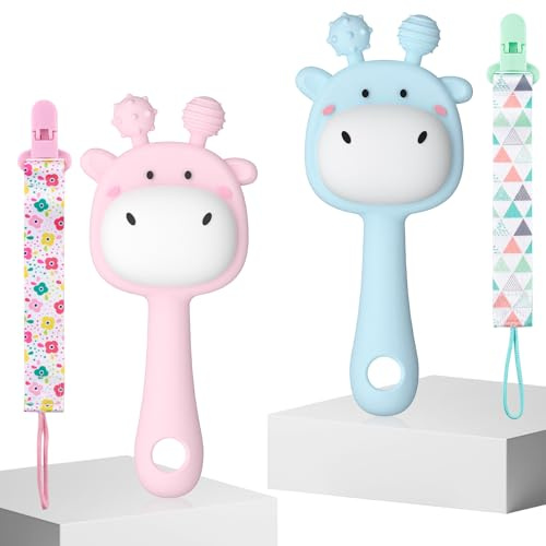 2 Beißspielzeuge für Babys, Silikon-Giraffe-Beißring zur Linderung des Zahnens, Baby-Kauspielzeug gegen Zahnfleischschmerzen, Beißringe (0–6 Monate)