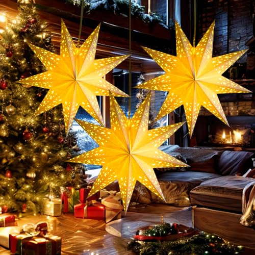 KBIBCK 3 Stück Papierstern Lampenschirm Faltstern Weihnachten mit Licht, 45cm LED Papierstern Beleuchtet zum Aufhängen, 3D Adventsstern Fensterdeko für Hochzeit Geburtstag Weihnachten Silvester Party