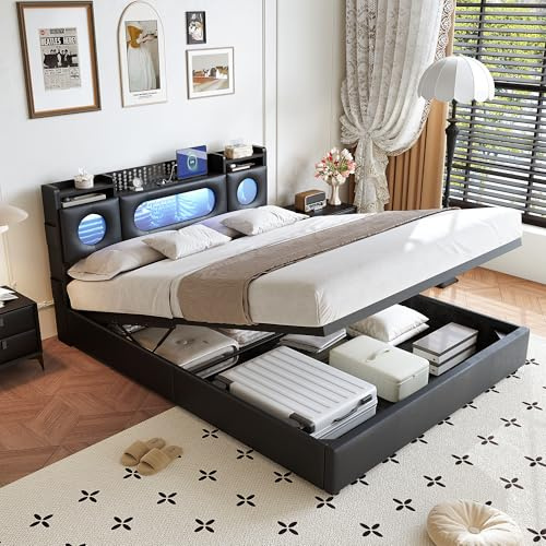 CDQL Polsterbett Doppelbett 140x200 cm mit Luftdruckstauraum, Kopfteil mit Ablagefach und Verborgenem Stauraum, LED-Bett mit USB-Anschluss, Funktionsbett, Jugendbett, PU, Schwarz