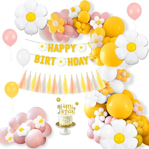 Gänseblümchen Deko, 85 Stück Geburtstagsdeko Gelb Rosa Weiße Luftballon Girlande Set mit Blumen Folienballons Happy Birthday Girlande, Quasten, Cupcake Topper für Mädchen Frühlingsparty