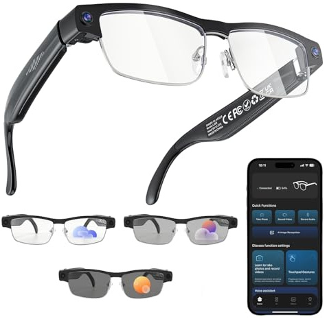 AI Smart Glasses with Camera, 4K 1200W HD Video Recording with Audio, Real-Time Translation & Object Recognition, Bluetooth 5.4 Dual Mic Noise Cancellation, Voice Assistant for Travel Vlogging