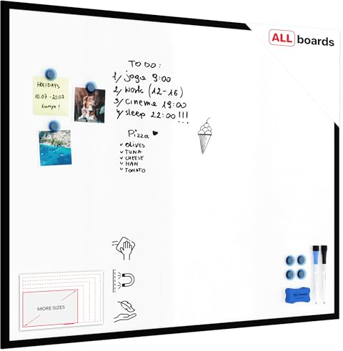 ALLboards Magnetisches Whiteboard mit schwarzen Holzrahmen 100x80cm, Magnettafel, Tafel mit Holzrahmen, Wandtafel