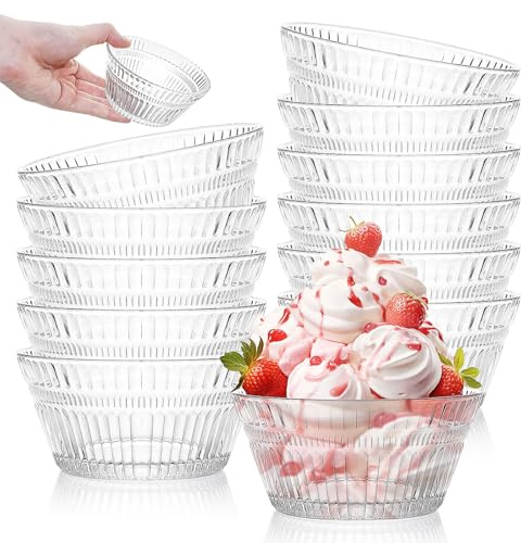 JTKDG 12 Pack Small Glass Dessert Bowls Set, 320ml Fluted Prep Ice Cream Bowls, Stackable Snack Serving Bowls Side Dishes for Sundae Salad Fruit Parfait Dipping Yogurt Cereal