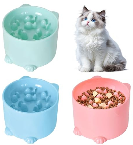 3 PCS Slow Feeder Cat Bowls, Raised Pet Food Dish Plastic Elevated Cat Slow Feeder Bowl Spill Proof Pet Food Dishes for Neck Support for Cats and Small Dogs(Blue, Pink, Green)
