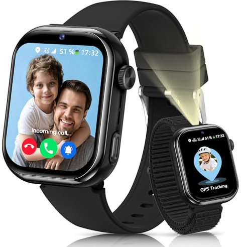4G Reloj Inteligente Niños GPS, Videollamada, Llamadas, Linterna, Negro