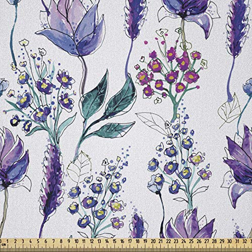 ABAKUHAUS Blumen Stoff als Meterware, Botanik Pflanzen Aquarell, Microfaser Multi Zweck Dekostoff für Kunsthandwerke, 3M (230x300cm), Jadegrün Lavendel Pflaume