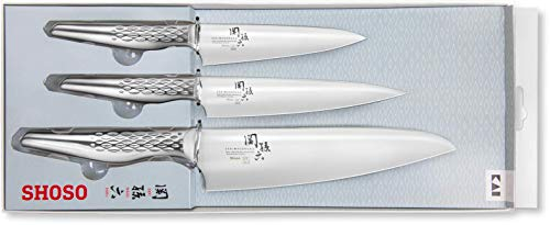 KAI Seki Magoroku Shoso Ensemble de Couteaux 3 Pièces - Couteau Utilitaire 12 cm, Couteau Utilitaire 15 cm, Couteau de Chef 18 cm - Acier 5CR15MoV 56 (±1) HRC - Fabriqué au Japon