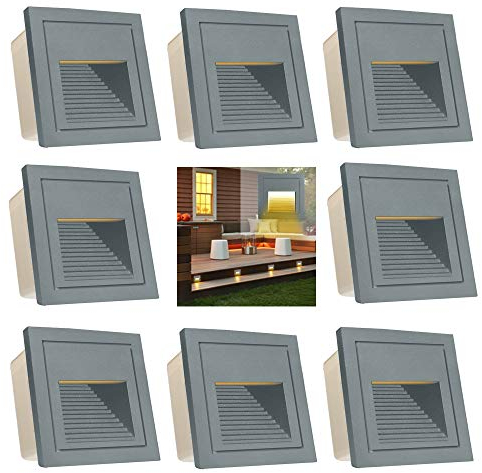 Arotelicht 8er Set 3W LED Treppenleuchte Treppenlicht Treppenbeleuchtung, Quadratische Wandleuchte aussen Wandeinbauleuchte 230V Mauer Beleuchtung Lampe Alu warmweiß 3000K IP65, Grau, inkl. Dose