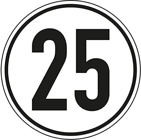 MBS-SIGNS® Aufkleber Geschwindigkeits-Schild 25 km/h Folie gemäß StVZO § 58, Ø20 cm, Weiß mit Schwarz, Made in Germany