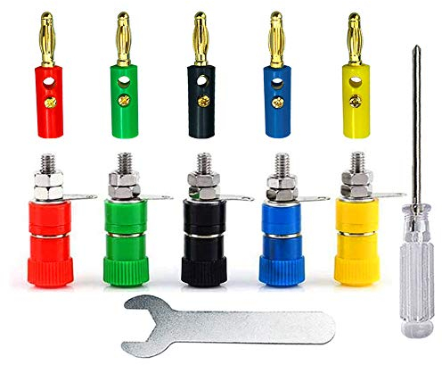 Aiqeer 20 Pairs 4 mm Banana Plug Socket Connector Set, Gold Plated Banana Plug and Binding Post Terminal Kit, for Speaker, Audio/Video Receiver (Red, Yellow, Blue, Green, Black)