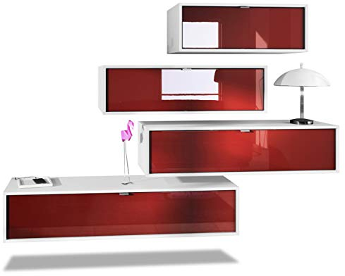 Vladon Wohnwand Lana V3 Anbauwand aus 4 Hängeelementen mit 10 Fächern, Made in Germany, Korpus in Weiß matt, Fronten in Bordeaux Hochglanz | Große Farbauswahl