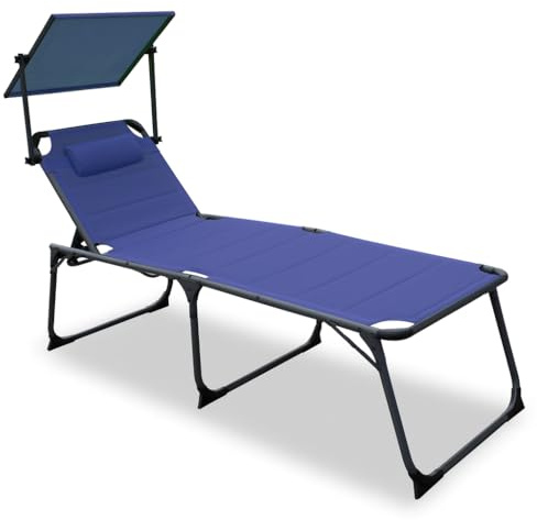 QMBasic XXL SONNENLIEGE gepolstert 48 cm KOMFORTHÖHE mit Sonnendach und Kissen Alu Dreibeinliege Gartenliege klappbar (Maritim)