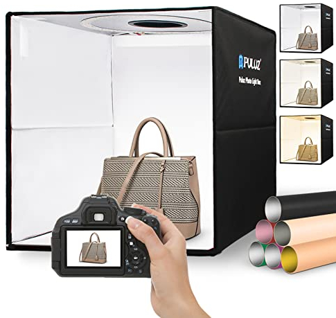 PULUZ Fotobox 40x40cm Faltbare Photography Box mit Dimmbaren 3 Farben Temperaturen 160 LED Beleuchtung 6500K & 12 Foto-Hintergründe Lichtzelte for produktfotografie