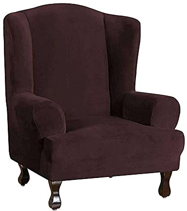 Samt Ohrensessel Überzug Bezug, Elastische Stretch Sesselbezug Abwaschbar Sesselhusse Husse Für Ohrensessel Möbelschutz für Wohnzimmer (Dunkelbraun)