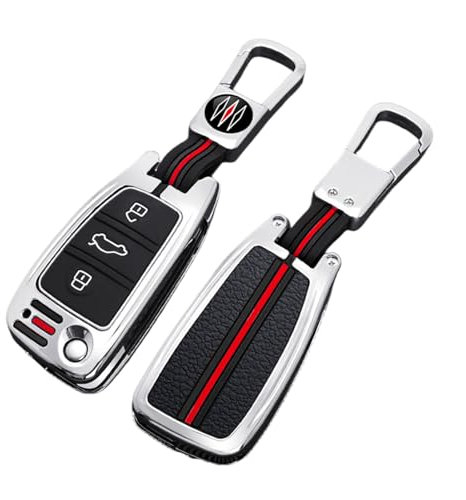 Happyit Alliage de Zinc + Silicone Couverture de Cas de Clé de Voiture Convient pour Audi Sline A3 A5 Q3 A6 C5 C6 A4 B6 B7 B8 TT 80 S6 3 Boutons FOB Clés Porte-clés Accessoires (Argent)