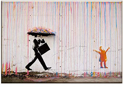 Banksy Bild Wand Bilder Straße Graffiti Mann Kind Regenschirm Kunstdruck Auf Leinwand Moderne Abstrakte Leinwand Poster Bild Für Wohnzimmer Wanddekor Rahmenlos 30×40cm