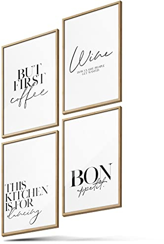 BLCKART Poster-Set Küche - 4 moderne Wandbilder mit Sprüchen - Premium Poster für Esszimmer - Bilder zur Wanddekoration - Größe A3