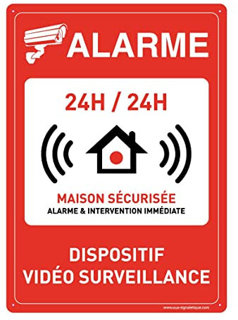 AUA SIGNALETIQUE - Panneau Prépercé avec Angles arrondis - Alarme 24h/24h - Maison sécurisée sous vidéo - 210x300 mm, Aluminium Dibond 3mm