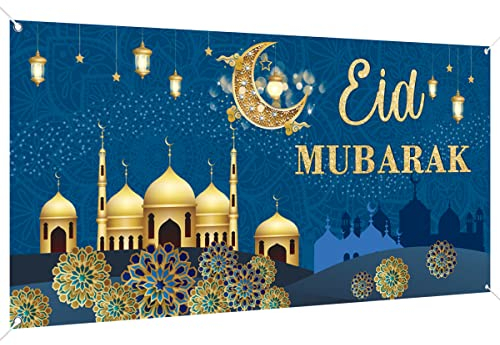 Eid Mubarak Dekorationen, 200 x 110 cm, großer Stoff, muslimisches Ramadan-Kareem-Banner, Ramadan-Mubarak-Schild, Fotoautomaten, Blau, goldfarben, Hintergrund für muslimische Partyzubehör