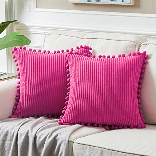 Fancy Homi 2 Stück Cord-Kissenbezüge mit Pompons, einfarbig, quadratisch, Kissenbezüge, Set für Couch, Sofa, Schlafzimmer, Auto, Wohnzimmer (50,8 x 50,8 cm, Hot Pink)