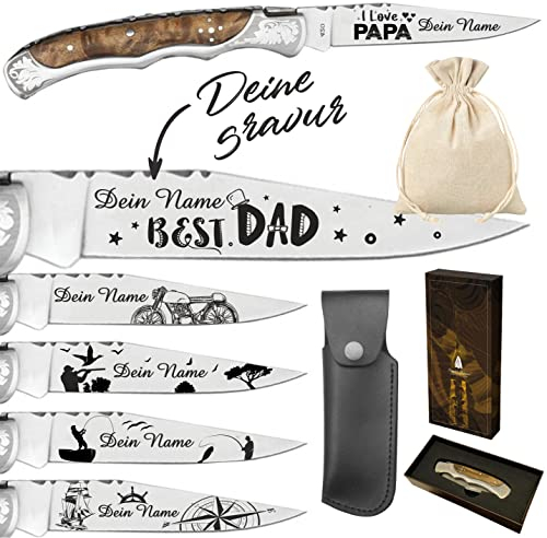 Laguiole Klappmesser personalisiert - mit Wunsch Gravur auf der Klinge - Taschenmesser graviert mit Name in schwarzer Farbe graviert (Burl)