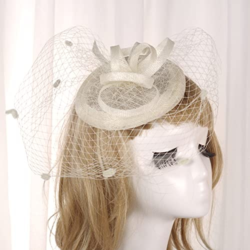 Damen Frauen Braut Haarschmuck mit Schleier Pillbox Hut elegant Netzschleier vintage Headwear Hochzeit Fascinator Haarreif Cocktail Tee Party Cosplay Fasching Kostüm Accessoires Kopfbedeckung,Weiß