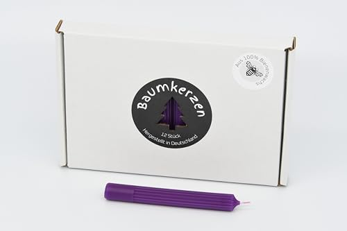 Premium Baumkerzen 12 Stück aus 100% Bienenwachs farbig mit edler rillen Prägung Christbaumkerzen (Lila)