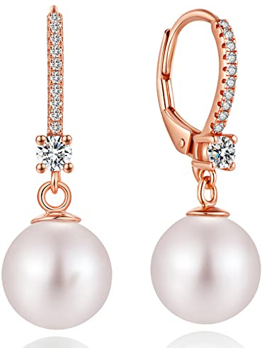 ZDaoBen Boucle d'oreille Perle Argent Sterling 925 Perle Pendantes Boucles d oreilles Leverback perles Bijoux Cadeaux pour femmes Mariage Mariée 8/10 mm