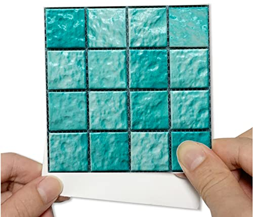 Alwayspon 25Pcs 15cm/6inch Peacock Blue Stone Mosaic Effect Tile Sticker, Peel & Stick Self-Adhesive Splashback Fireplace Stairs Tile Sticker Transfers, Stick on Tile for Kitchen Bathroom Wall