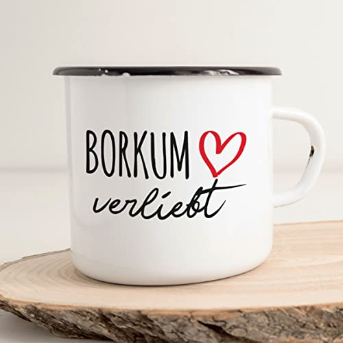 huuraa Emaille Tasse Borkum verliebt Geschenk Kaffeebecher Vintage 300ml Borkum Geschenkidee