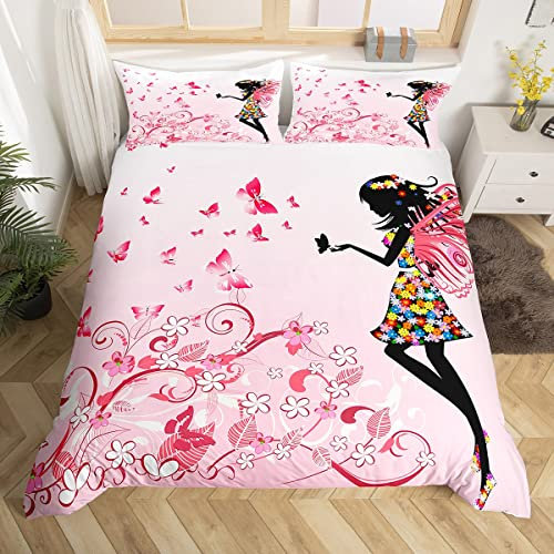 Fille Housse de Couette enfants rose fleur papillon literie ados dames chambre à coucher décoration Parure de Lit jeune fille romantique Comfort housse de couette plantes imprimé literie 200x200cm
