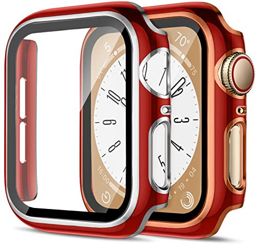 2 Pack Funda para Apple Watch Series 9/Series 8/Serie 7 45mm,Protector Pantalla Cristal Templado Incorporado,HD Protección PC Dura Caja Anti-Choque Caso para iWatch Case,Red&Rosegold/Red&Plata