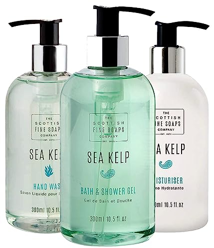 The Scottish Fine Soaps Company Sea Kelp Gift Set includes Hand Wash, Moisturiser Lotion and Bath & Shower Gel all 300ml Bottles with Pump Dispenser for a Luxury Hand Wash